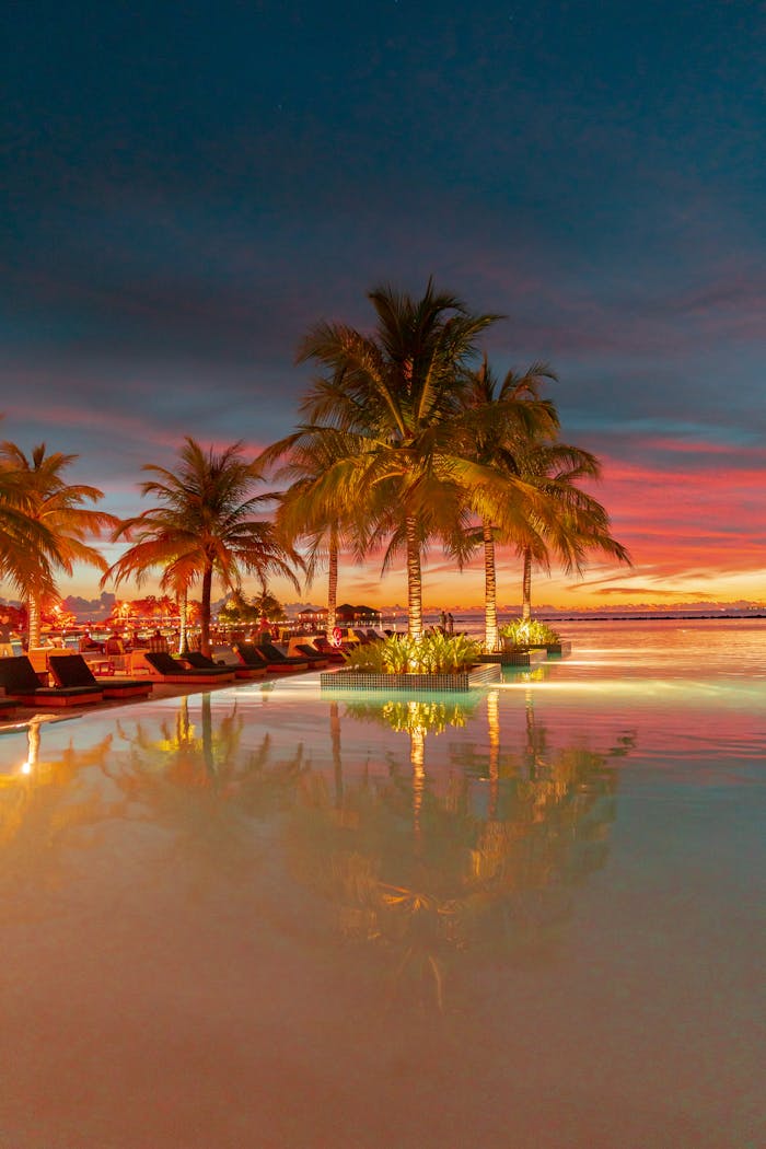 services-img Experience ultimate relaxation by a tropical infinity pool at sunset, featuring palm trees and a vibrant sky.